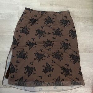 SHEIN Curve Midi Skirt Womens 2XL Brown Floral Mesh Rose Overlay